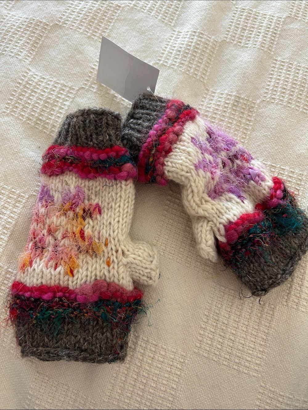 100% Wool Knitted Hand Warmers Colourful Fingerless Silk Hippy Boho Gloves sm